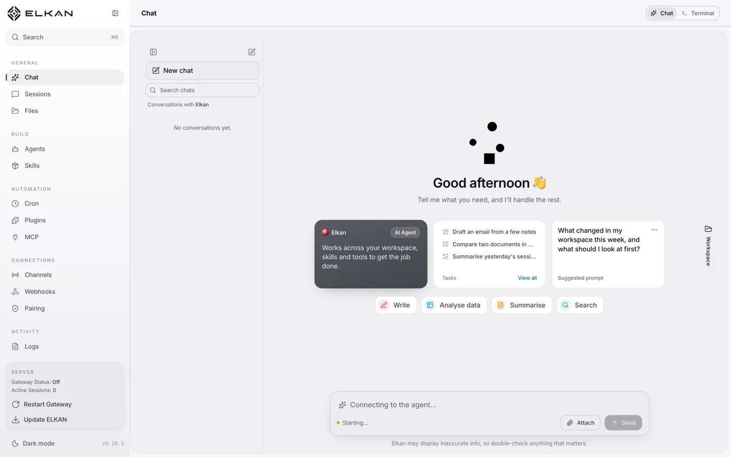 Elkan chat workspace with agents, tasks and suggested prompts